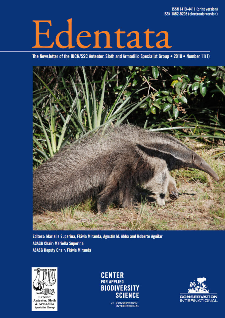 Cover of Edentata 11(1): giant anteater (Myrmecophaga tridactyla). Photo: Arnaud Desbiez, Royal Zoological Society of Scotland.