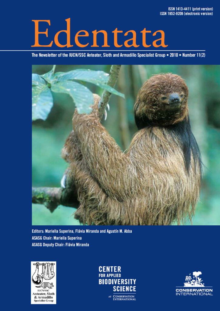 Cover of Edentata 11(2): maned sloth (Bradypus torquatus). Photo: Kevin Schafer.