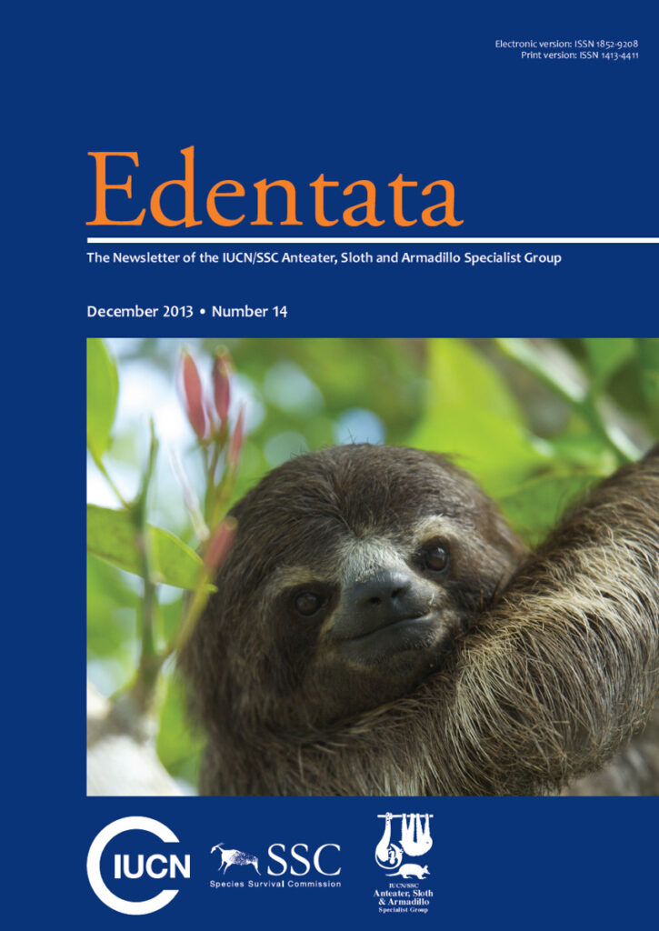 Cover of Edentata 14: brown-throated three-toed sloth (Bradypus variegatus). Photo: Fernando Trujillo.