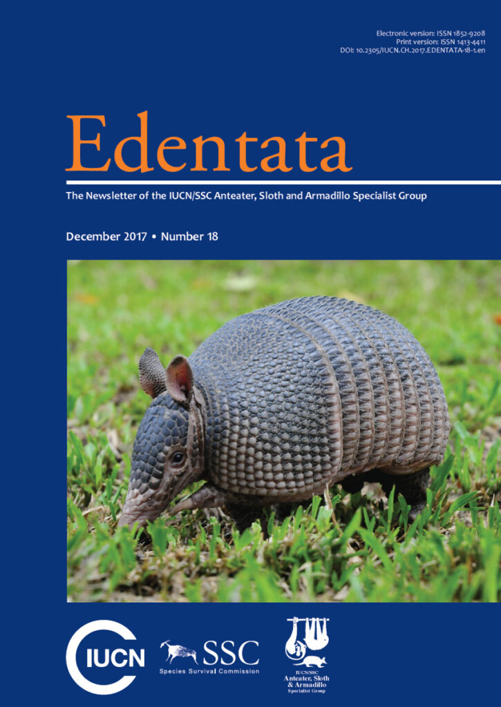 Cover of Edentata 18: northern long-nosed armadillo (Dasypus sabanicola). Photo: Fernando Trujillo, Fundación Omacha.
