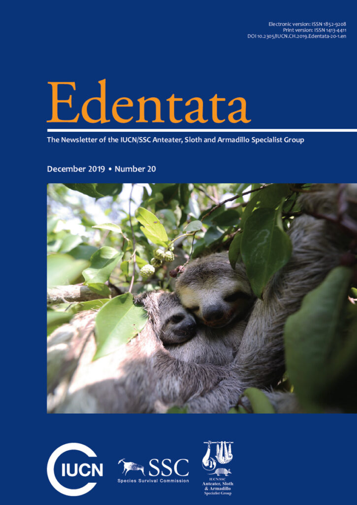 Cover of Edentata 20: brown-throated three-toed sloth (Bradypus variegatus). Photo: Fundación AIUNAU.