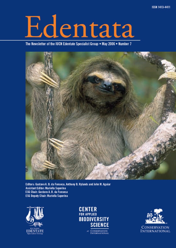 Cover of Edentata 7: a pygmy sloth (Bradypus pygmaeus) in mangrove forest on Isla Escudo de Veraguas, Panama. Endemic to this single Caribbean island, pygmy sloths are hunted by local fishermen, and are now considered to be Critically Endangered. Photo: Bill Hatcher Photography.