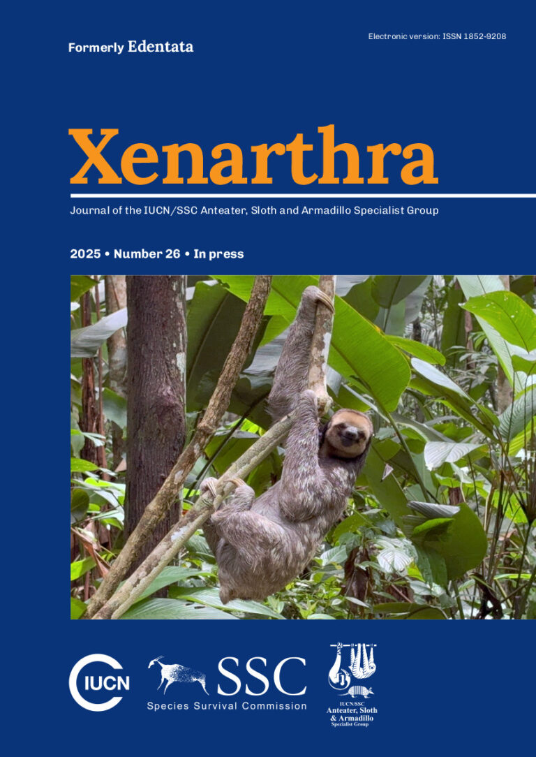 Cover of Xenarthra 26: Pale-throated three-toed sloth (Bradypus tridactylus), Suriname. Photo: Mariella Superina.